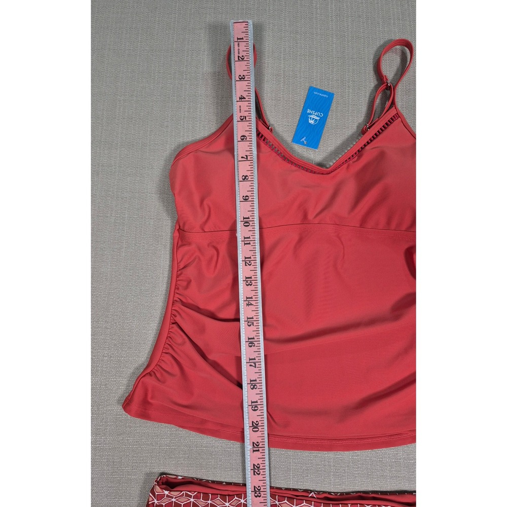 Cupshe Red Ruched Tankini Set‎ Mid Rise Geometric Bottoms New With Tags Large - Picture 5 of 11